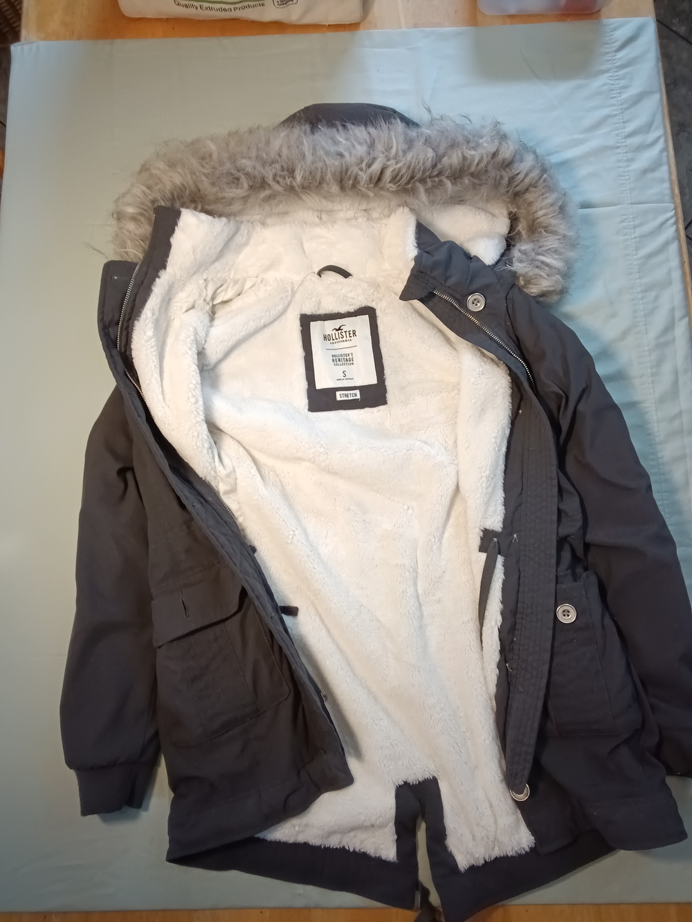 Hollister Women's Hooded Parka Jacket in Dark Gray with Faux Fur Trim